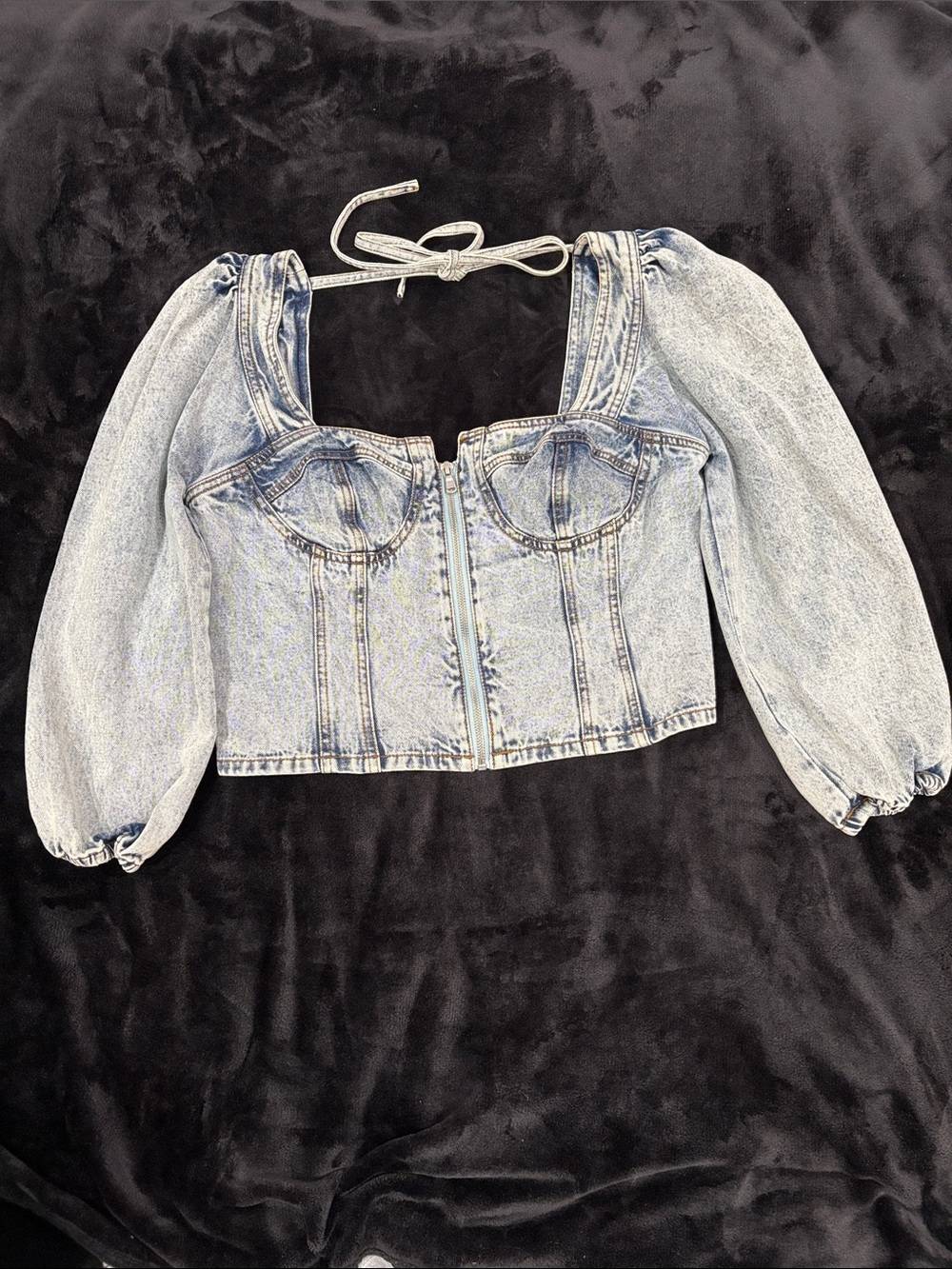 VENUS Light Blue Denim Corset Crop Top with Puff Sleeves